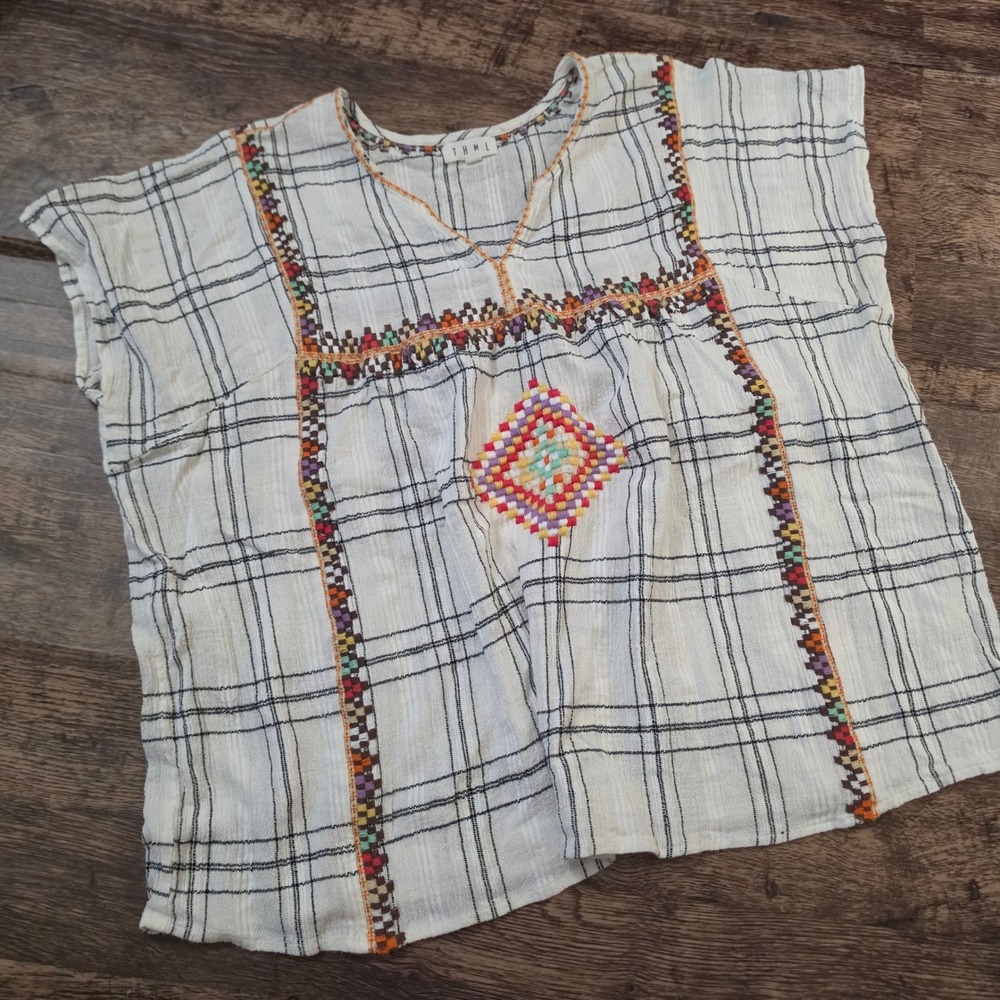 THML Embroidered Plaid Blouse Womens Medium White Boho Cap Sleeve Top